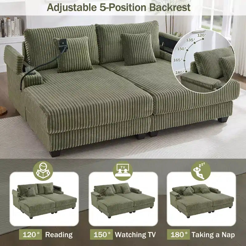 Moderno divano chaise longue da 75.5 con schienale regolabile e portabicchieri