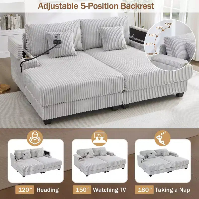 Moderno divano chaise longue da 75.5 con schienale regolabile e portabicchieri