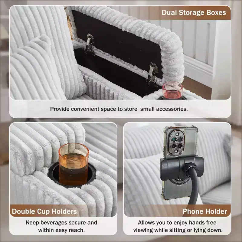 Moderno divano chaise longue da 75.5 con schienale regolabile e portabicchieri