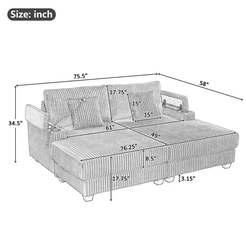 Modern 75.5 Chaise Lounge Sofa with Adjustable Backrest and Cup Holders