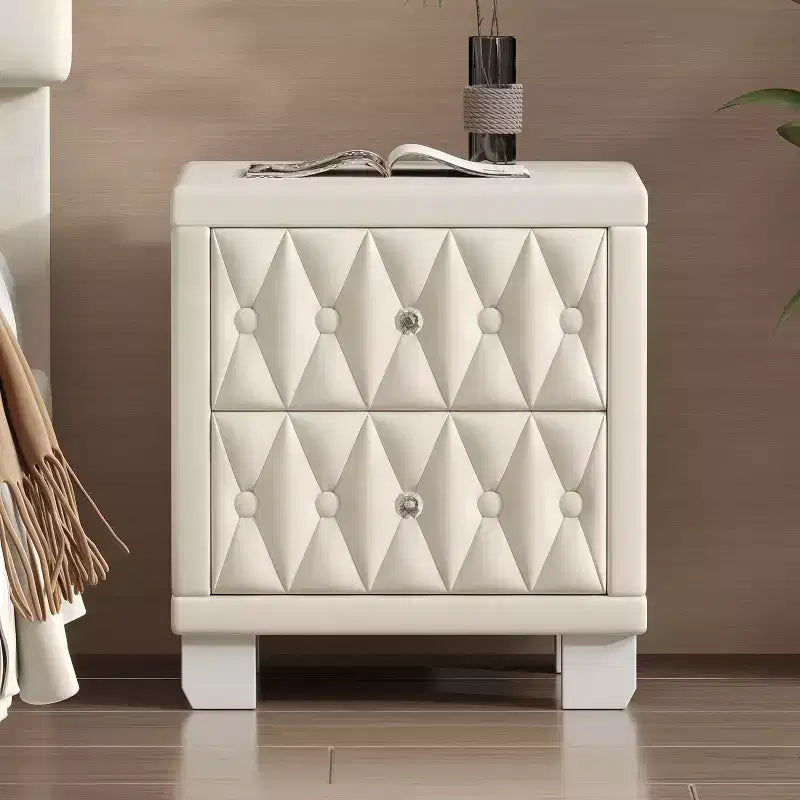 Velvet Nightstand with 2 Drawers Crystal Handle Storage Bedside Table with Buttom Tufted Beige