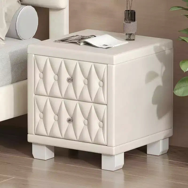 Velvet Nightstand with 2 Drawers Crystal Handle Storage Bedside Table with Buttom Tufted Beige