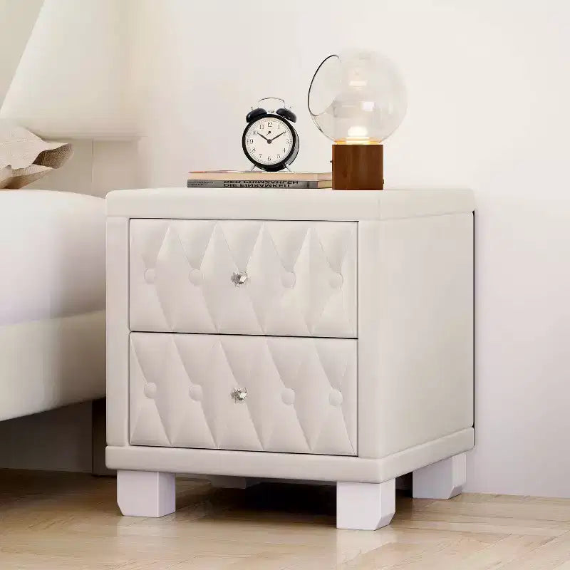 Velvet Nightstand with 2 Drawers Crystal Handle Storage Bedside Table with Buttom Tufted Beige