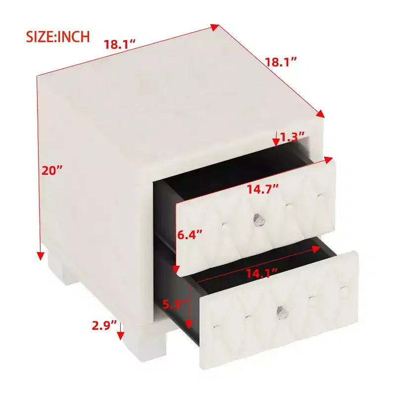 Velvet Nightstand with 2 Drawers Crystal Handle Storage Bedside Table with Buttom Tufted Beige