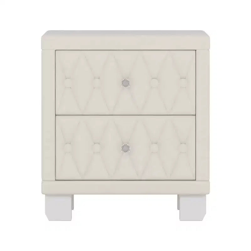 Velvet Nightstand with 2 Drawers Crystal Handle Storage Bedside Table with Buttom Tufted Beige