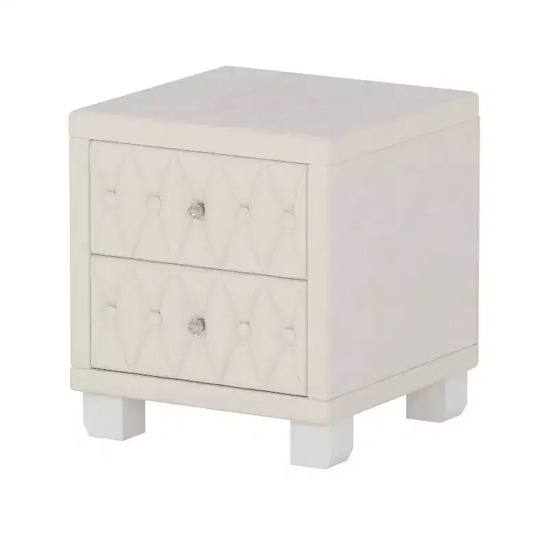 Velvet Nightstand with 2 Drawers Crystal Handle Storage Bedside Table with Buttom Tufted Beige
