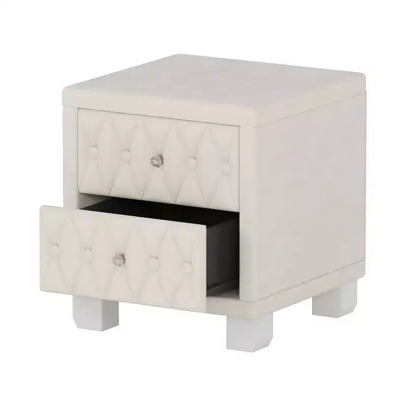 Velvet Nightstand with 2 Drawers Crystal Handle Storage Bedside Table with Buttom Tufted Beige