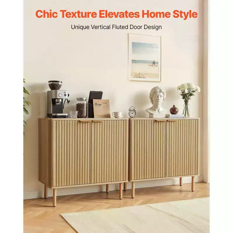 Mid-Century Coffee Bar Cabinet with Fluted Doors Adjustable Shelves 2-Tier Storage Oak
