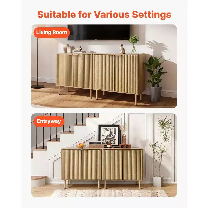 Mid-Century Coffee Bar Cabinet with Fluted Doors Adjustable Shelves 2-Tier Storage Oak