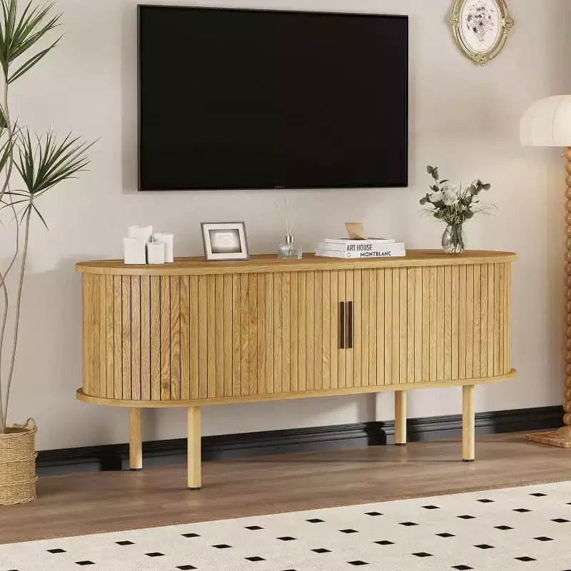 TV Stand for Up to 80 Inch TV, Media Console with Sliding Doors and Storage, Modern Wood Entertainment Center for Living Room, Bedroom
