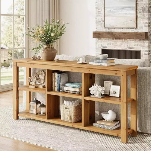 Lantine 63-Inch Solid Wood Console Table, 3-Tier Long Farmhouse Sofa Table with 6 Storage Cubes for Entryway, Living Room, Hallway, Brown