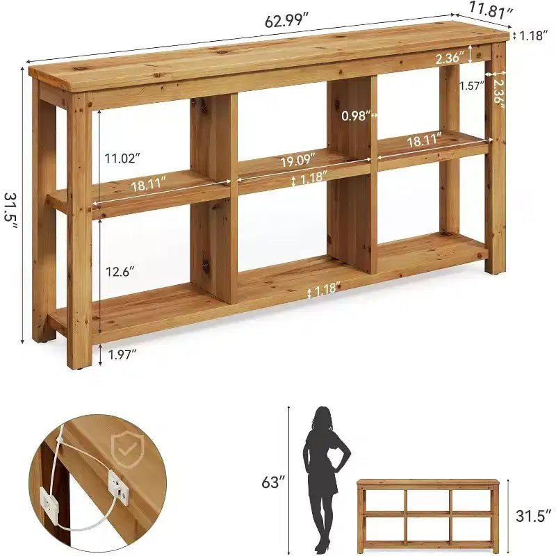 63-Inch Solid Wood Console Table, 3-Tier Long Farmhouse Sofa Table with 6 Storage Cubes for Entryway, Living Room, Hallway, Brown