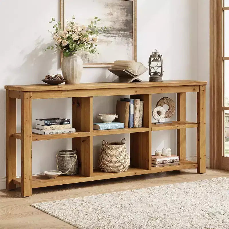 63-Inch Solid Wood Console Table, 3-Tier Long Farmhouse Sofa Table with 6 Storage Cubes for Entryway, Living Room, Hallway, Brown