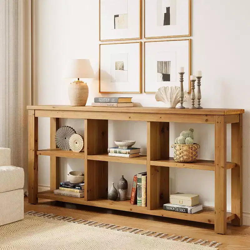 63-Inch Solid Wood Console Table, 3-Tier Long Farmhouse Sofa Table with 6 Storage Cubes for Entryway, Living Room, Hallway, Brown