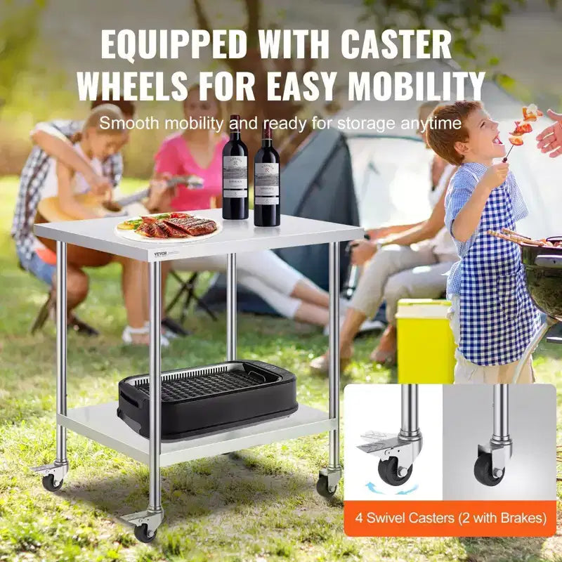 38 Heavy Duty Stainless Steel Table - 4 Wheels, 3 Adjustable Heights, Silver