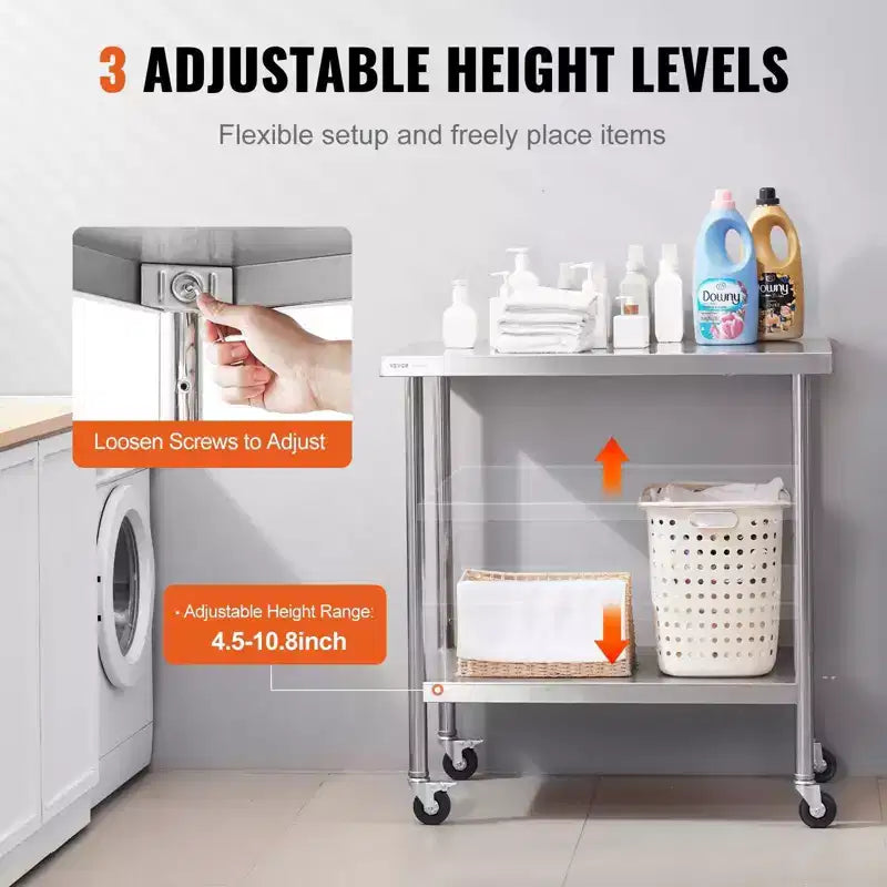 38 Heavy Duty Stainless Steel Table - 4 Wheels, 3 Adjustable Heights, Silver