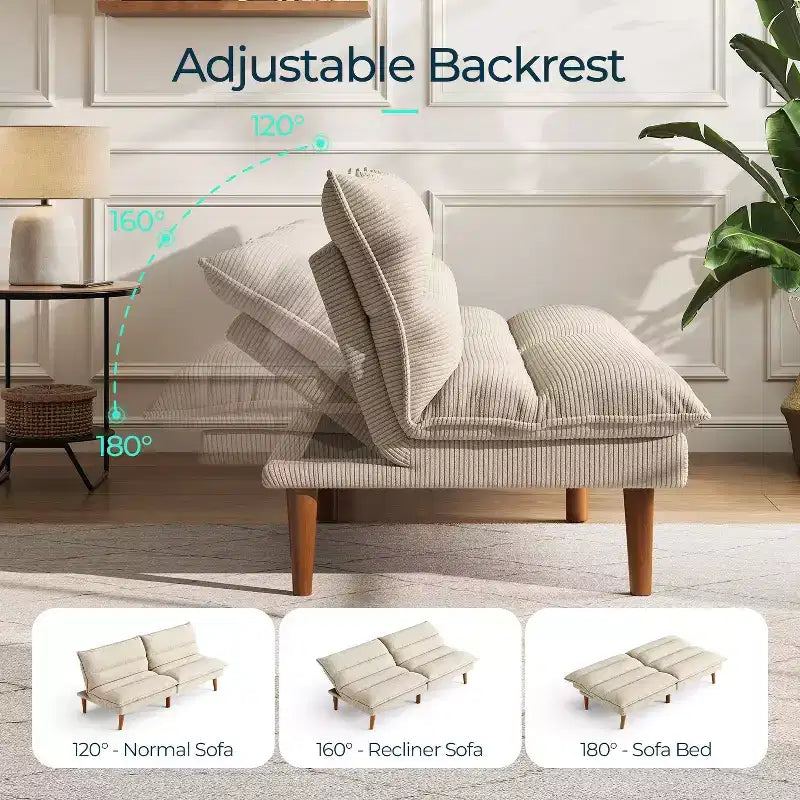 Corduroy Futon Sofa Bed with Adjustable Backrest, Modern Small Loveseat for Small Spaces Living Room Apartment