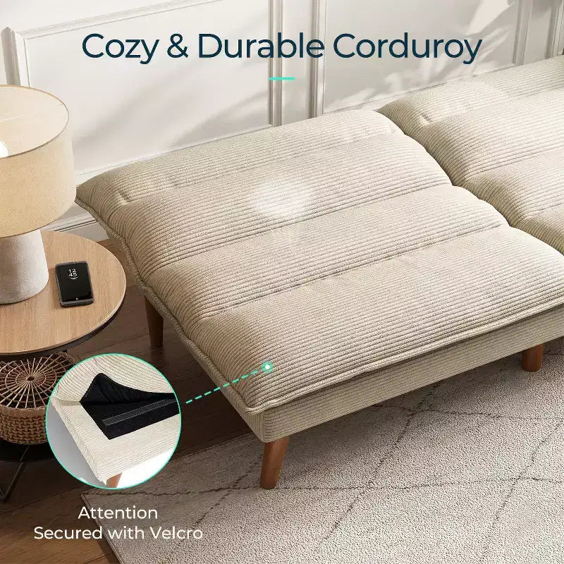 Corduroy Futon Sofa Bed with Adjustable Backrest, Modern Small Loveseat for Small Spaces Living Room Apartment