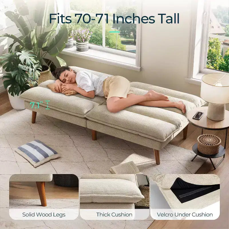 Corduroy Futon Sofa Bed with Adjustable Backrest, Modern Small Loveseat for Small Spaces Living Room Apartment