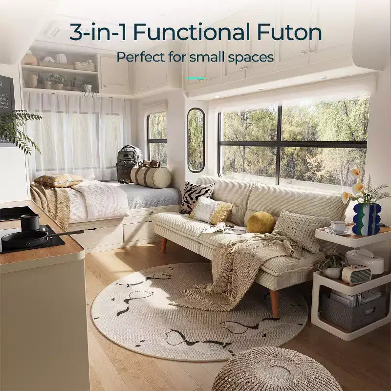 Corduroy Futon Sofa Bed with Adjustable Backrest, Modern Small Loveseat for Small Spaces Living Room Apartment