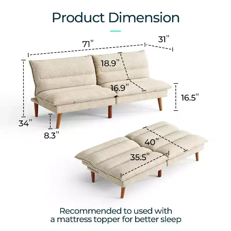 Corduroy Futon Sofa Bed with Adjustable Backrest, Modern Small Loveseat for Small Spaces Living Room Apartment