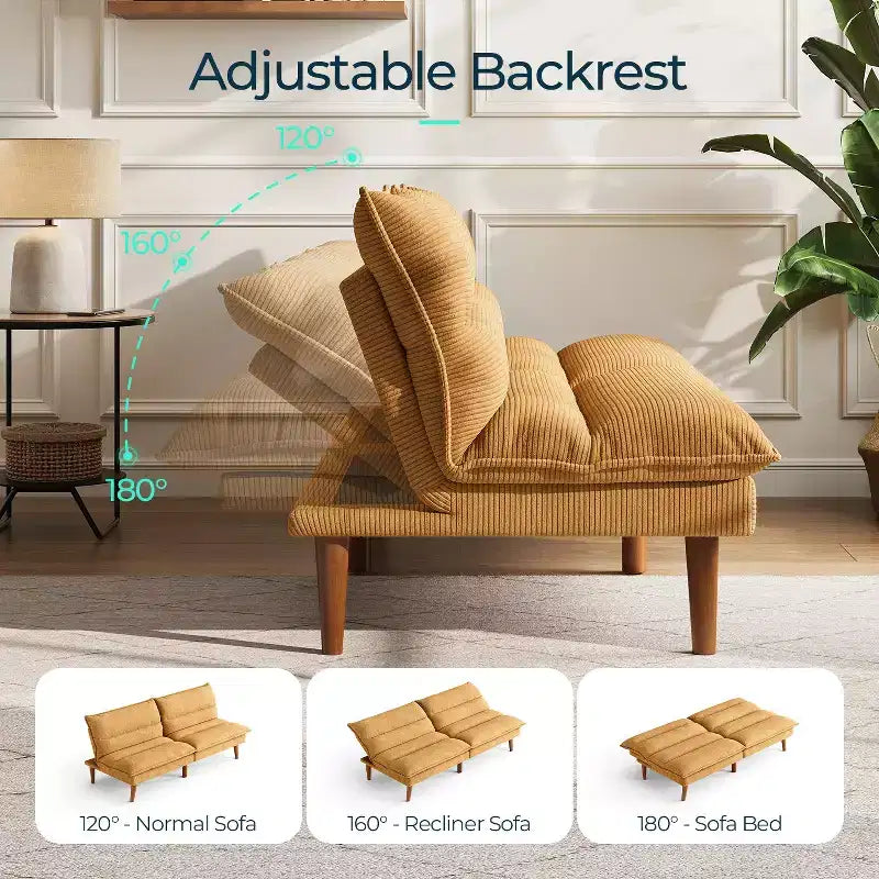 Corduroy Futon Sofa Bed with Adjustable Backrest, Modern Small Loveseat for Small Spaces Living Room Apartment