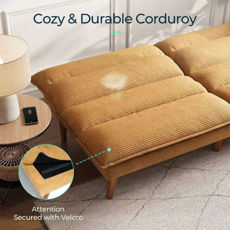 Corduroy Futon Sofa Bed with Adjustable Backrest, Modern Small Loveseat for Small Spaces Living Room Apartment