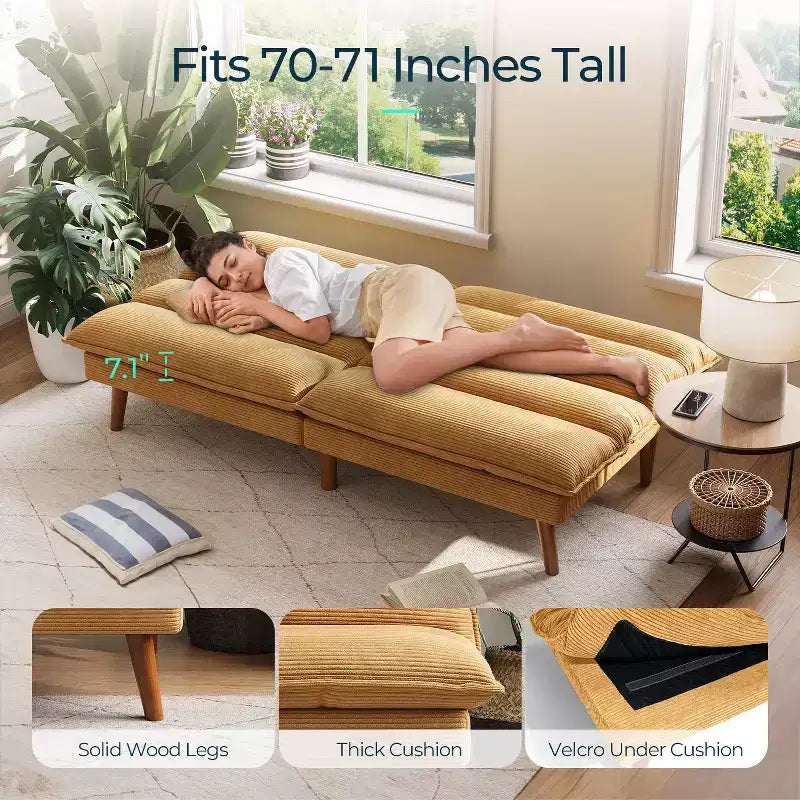 Corduroy Futon Sofa Bed with Adjustable Backrest, Modern Small Loveseat for Small Spaces Living Room Apartment