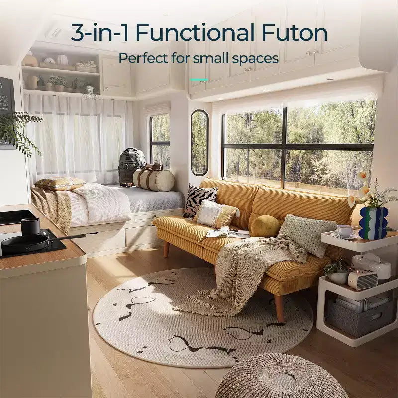 Corduroy Futon Sofa Bed with Adjustable Backrest, Modern Small Loveseat for Small Spaces Living Room Apartment