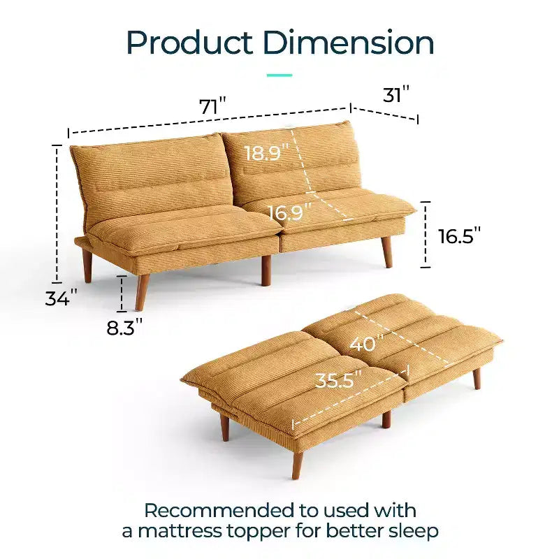 Corduroy Futon Sofa Bed with Adjustable Backrest, Modern Small Loveseat for Small Spaces Living Room Apartment