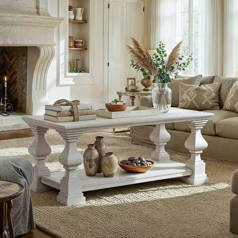 Farmhouse Solid Wood Coffee Table Double-Tier Storage Shelf Ornate Decorative Legs Center Table to Fix Chaos