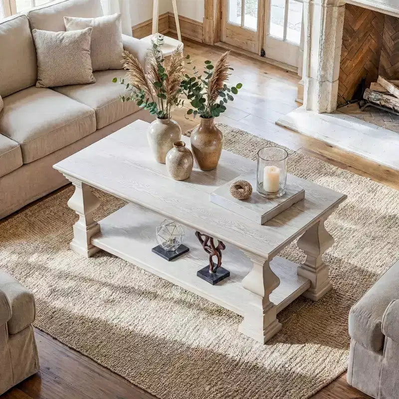 Farmhouse Solid Wood Coffee Table Double-Tier Storage Shelf Ornate Decorative Legs Center Table to Fix Chaos