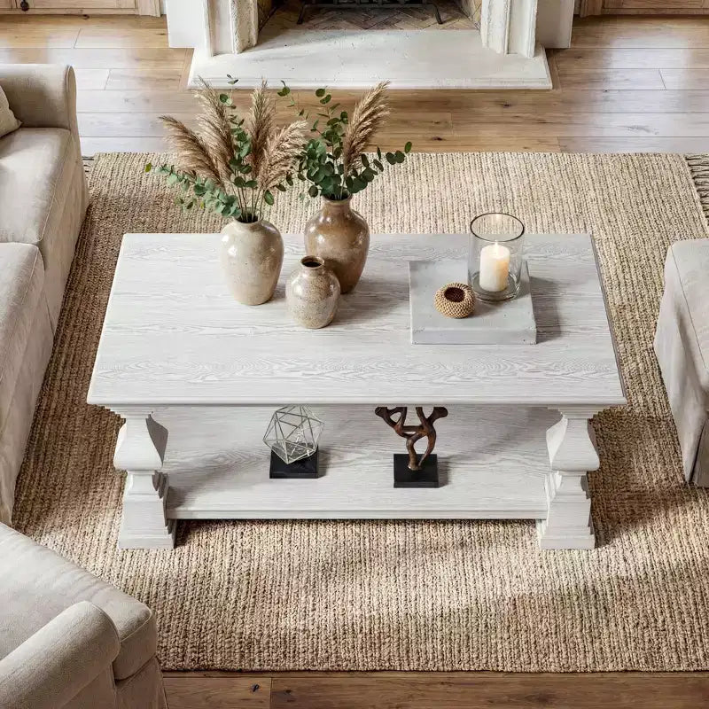 Farmhouse Solid Wood Coffee Table Double-Tier Storage Shelf Ornate Decorative Legs Center Table to Fix Chaos