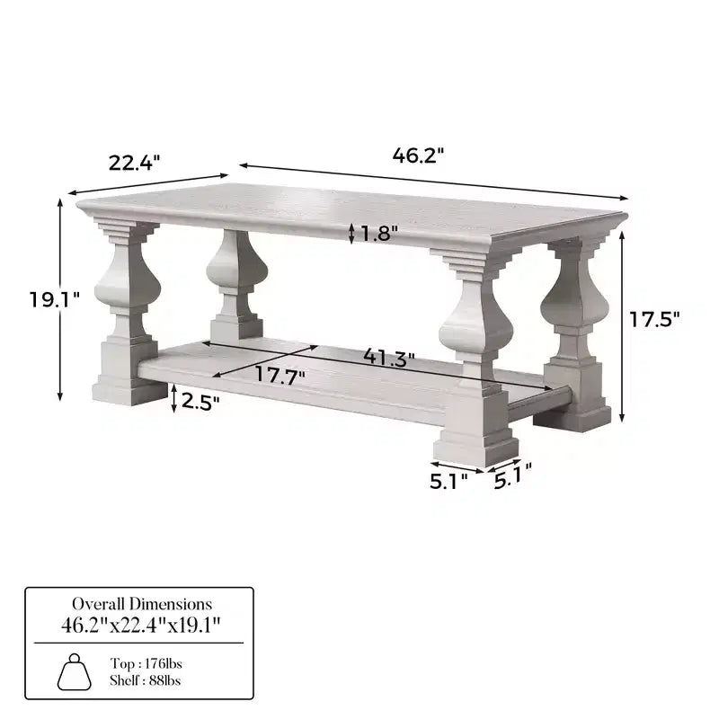 Farmhouse Solid Wood Coffee Table Double-Tier Storage Shelf Ornate Decorative Legs Center Table to Fix Chaos