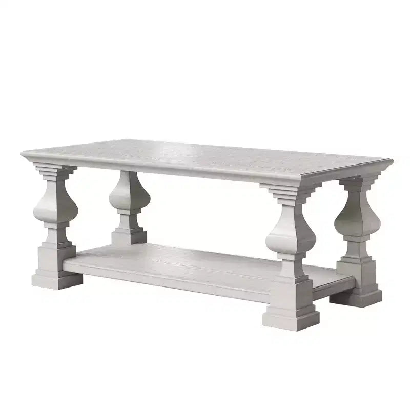 Farmhouse Solid Wood Coffee Table Double-Tier Storage Shelf Ornate Decorative Legs Center Table to Fix Chaos