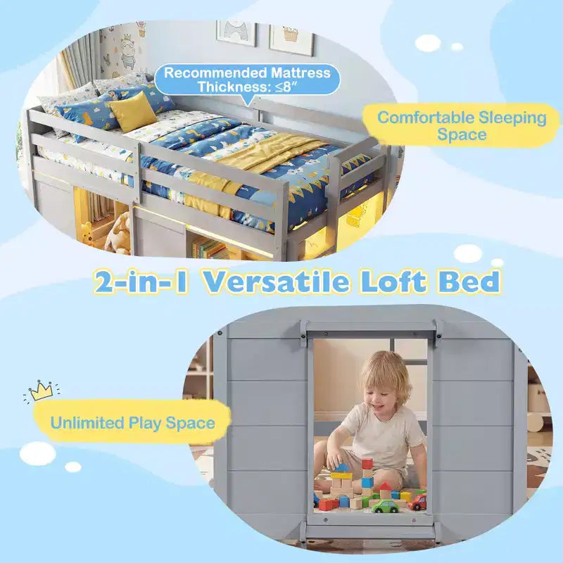 Łóżko piętrowe typu loft w rozmiarze Twin z oświetleniem LED, przestrzenią pod łóżkiem z 2 drzwiami i półkami, dla dzieci