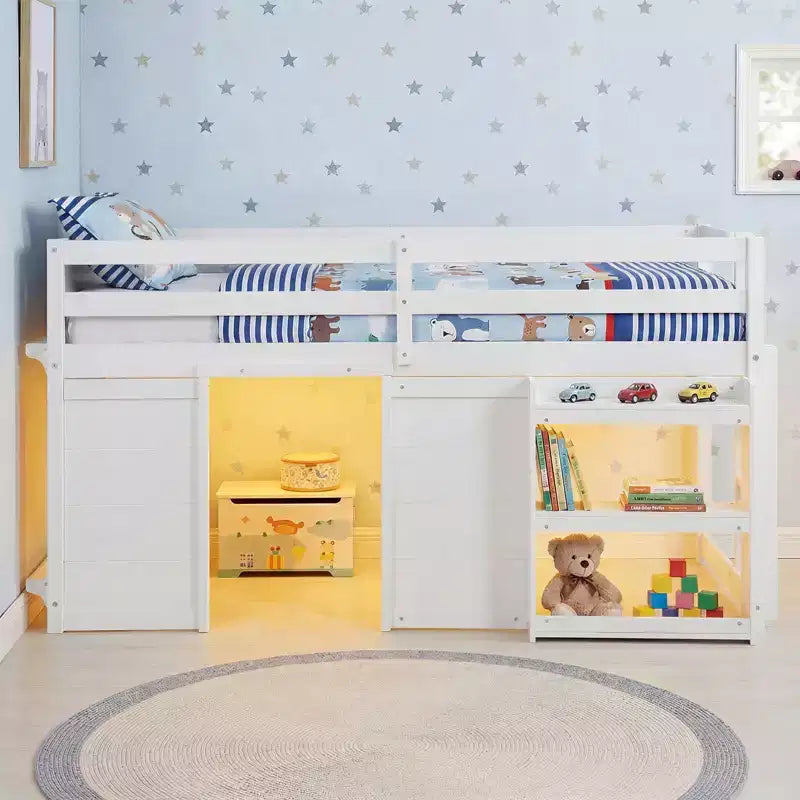 Łóżko piętrowe typu loft w rozmiarze Twin z oświetleniem LED, przestrzenią pod łóżkiem z 2 drzwiami i półkami, dla dzieci