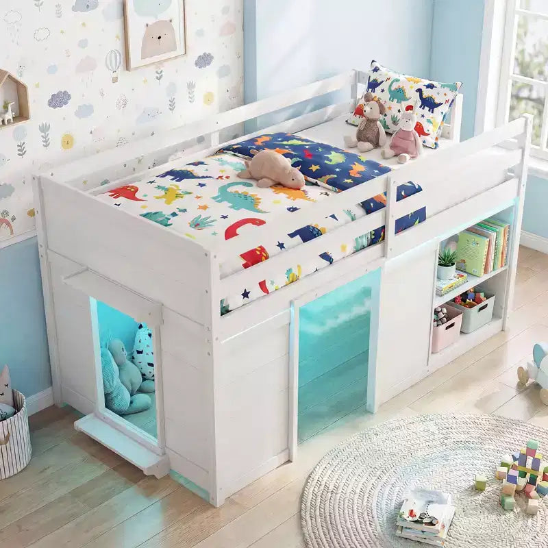 Łóżko piętrowe typu loft w rozmiarze Twin z oświetleniem LED, przestrzenią pod łóżkiem z 2 drzwiami i półkami, dla dzieci
