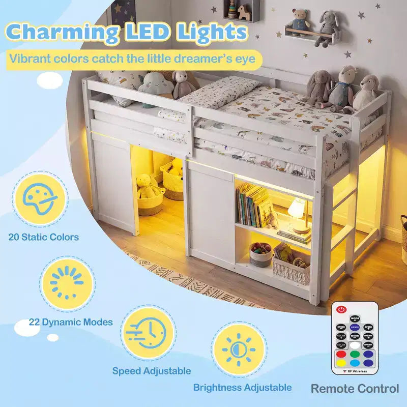 Łóżko piętrowe typu loft w rozmiarze Twin z oświetleniem LED, przestrzenią pod łóżkiem z 2 drzwiami i półkami, dla dzieci