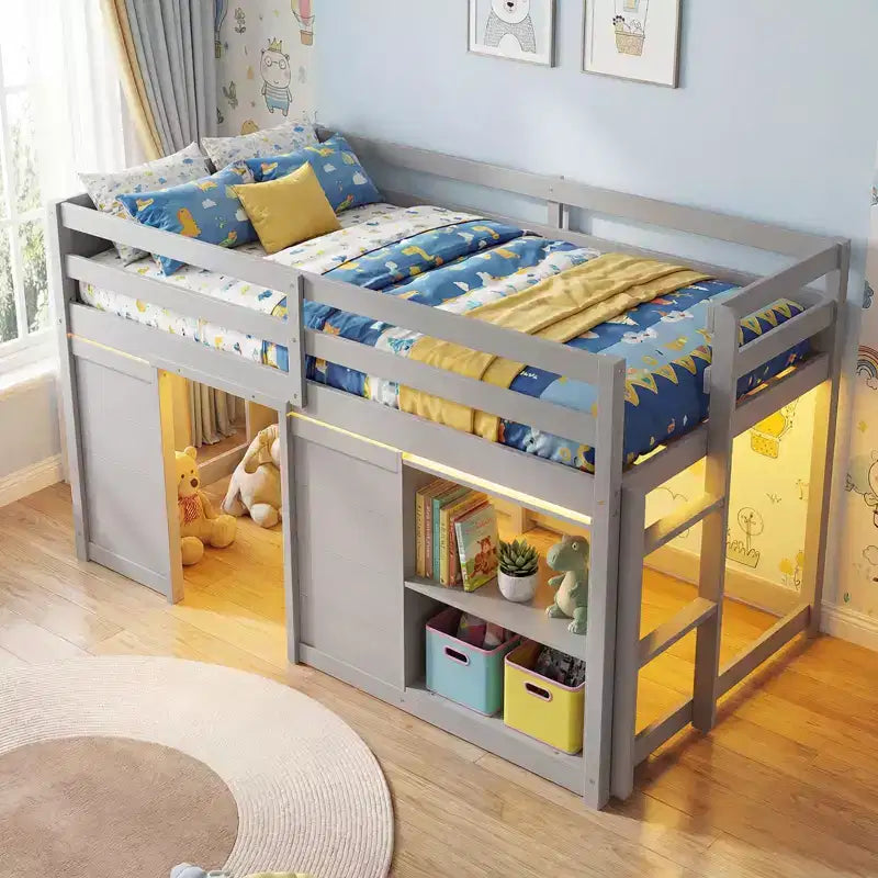 Twin Size Loft Bed w/ LED Lights 2 Doors Underbed Space & Shelves for Kids