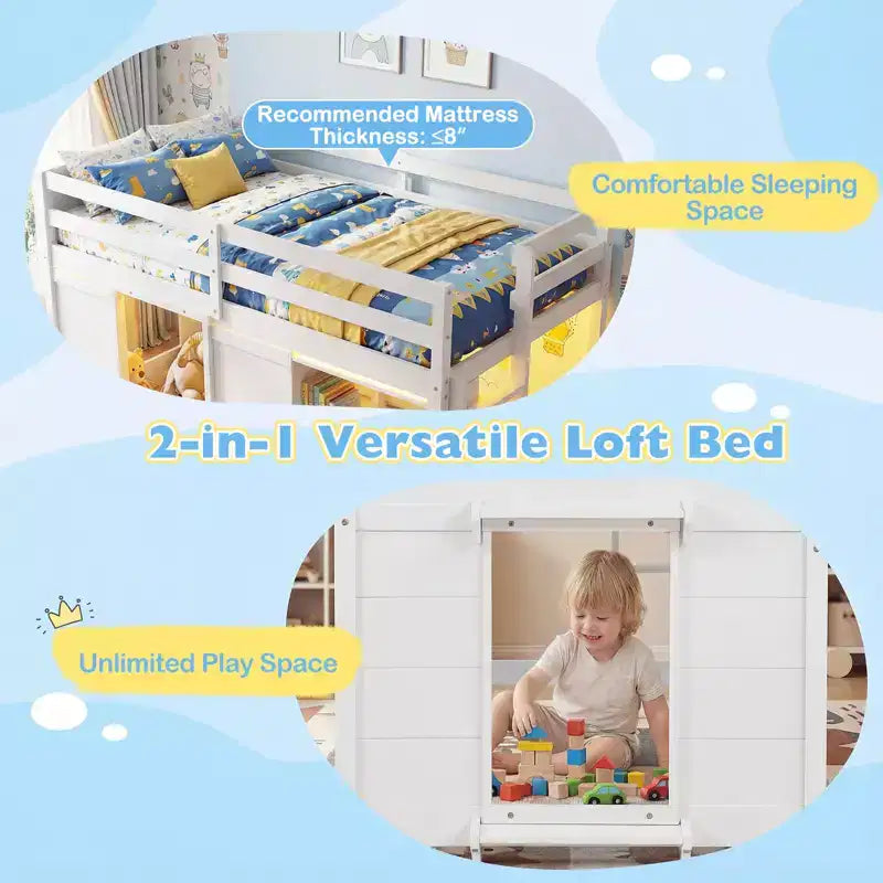 Łóżko piętrowe typu loft w rozmiarze Twin z oświetleniem LED, przestrzenią pod łóżkiem z 2 drzwiami i półkami, dla dzieci