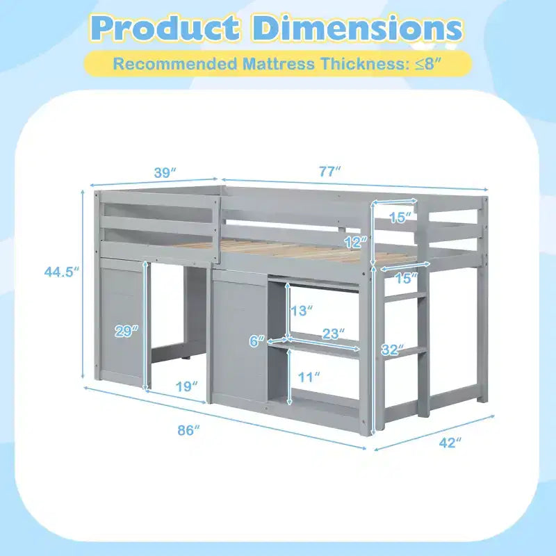 Twin Size Loft Bed w/ LED Lights 2 Doors Underbed Space & Shelves for Kids