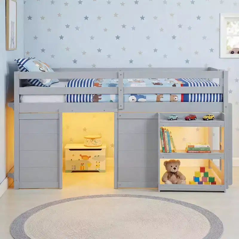 Twin Size Loft Bed w/ LED Lights 2 Doors Underbed Space & Shelves for Kids