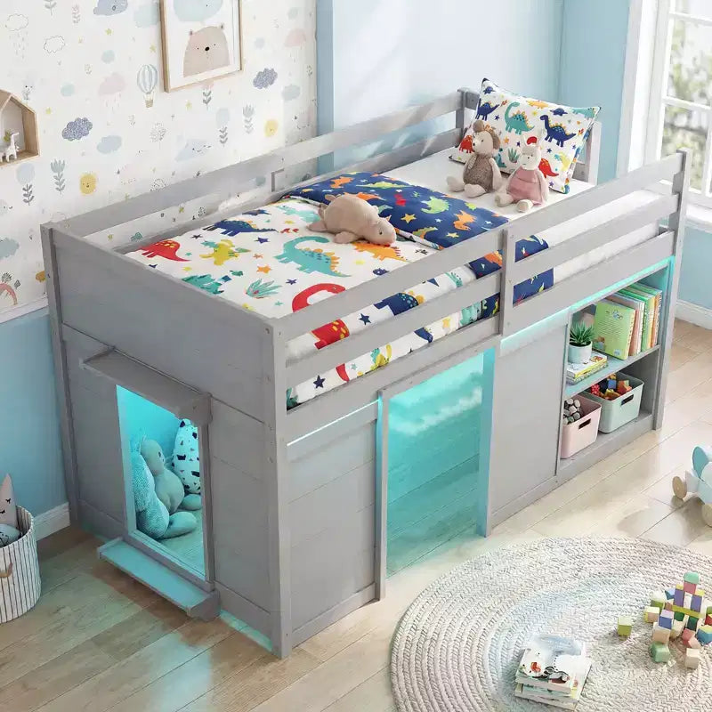 Łóżko piętrowe typu loft w rozmiarze Twin z oświetleniem LED, przestrzenią pod łóżkiem z 2 drzwiami i półkami, dla dzieci