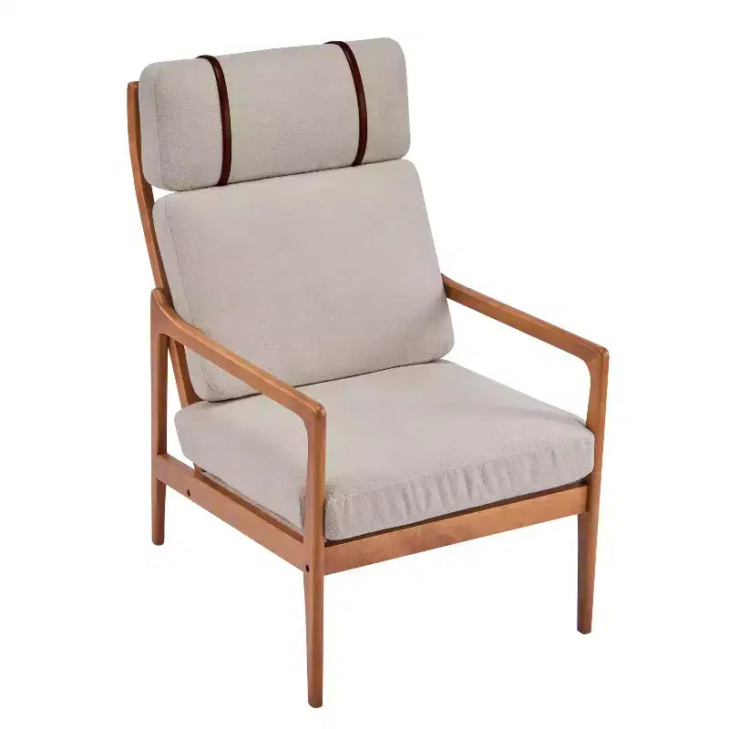 Mid Century Modern Accent Armchair with Solid Wood Frame, Light Gray Upholstered Cushions, for Lounge