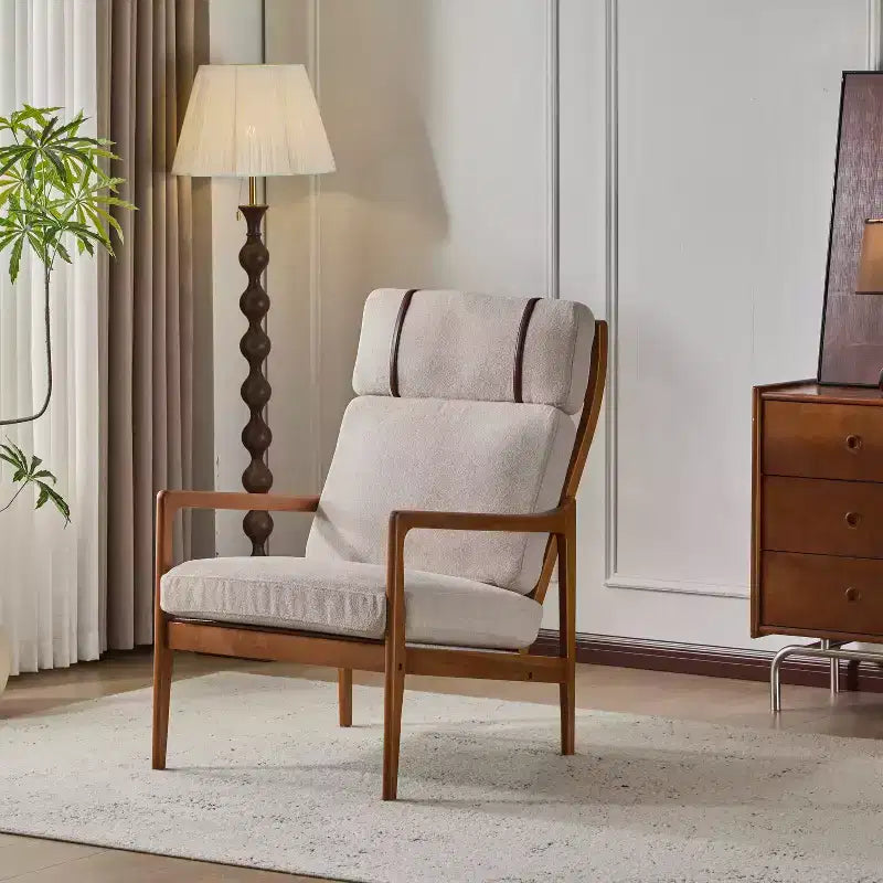 Mid Century Modern Accent Armchair with Solid Wood Frame, Light Gray Upholstered Cushions, for Lounge