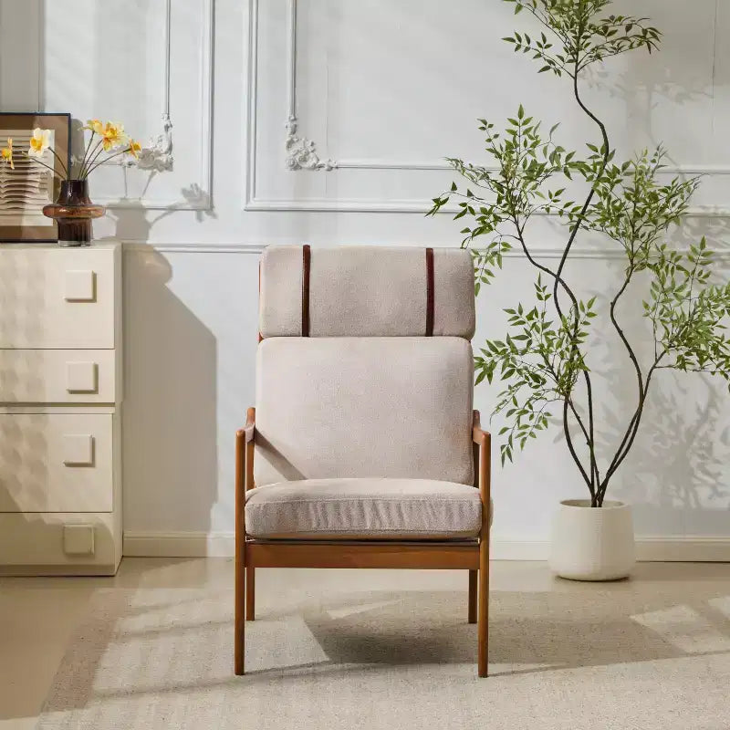 Mid Century Modern Accent Armchair with Solid Wood Frame, Light Gray Upholstered Cushions, for Lounge