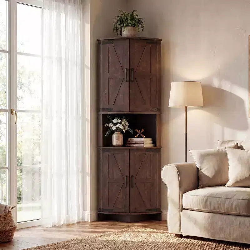 Corner Pantry Cabinet for Kitchen Organization, 64.8 Corner Storage Cabinet for Towels & Toiletries, Tall Cupboard with Barn Door, Living Room