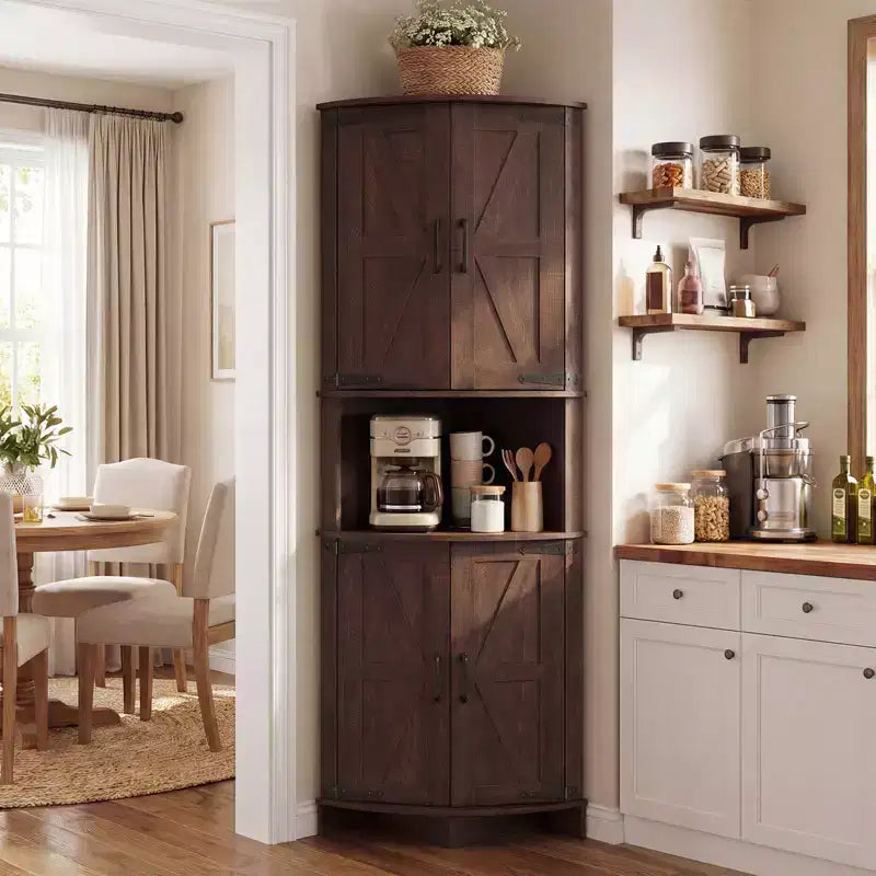 Corner Pantry Cabinet for Kitchen Organization, 64.8 Corner Storage Cabinet for Towels & Toiletries, Tall Cupboard with Barn Door, Living Room