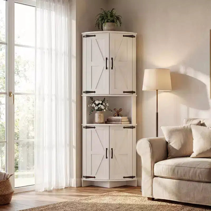 Corner Pantry Cabinet for Kitchen Organization, 64.8 Corner Storage Cabinet for Towels & Toiletries, Tall Cupboard with Barn Door, Living Room